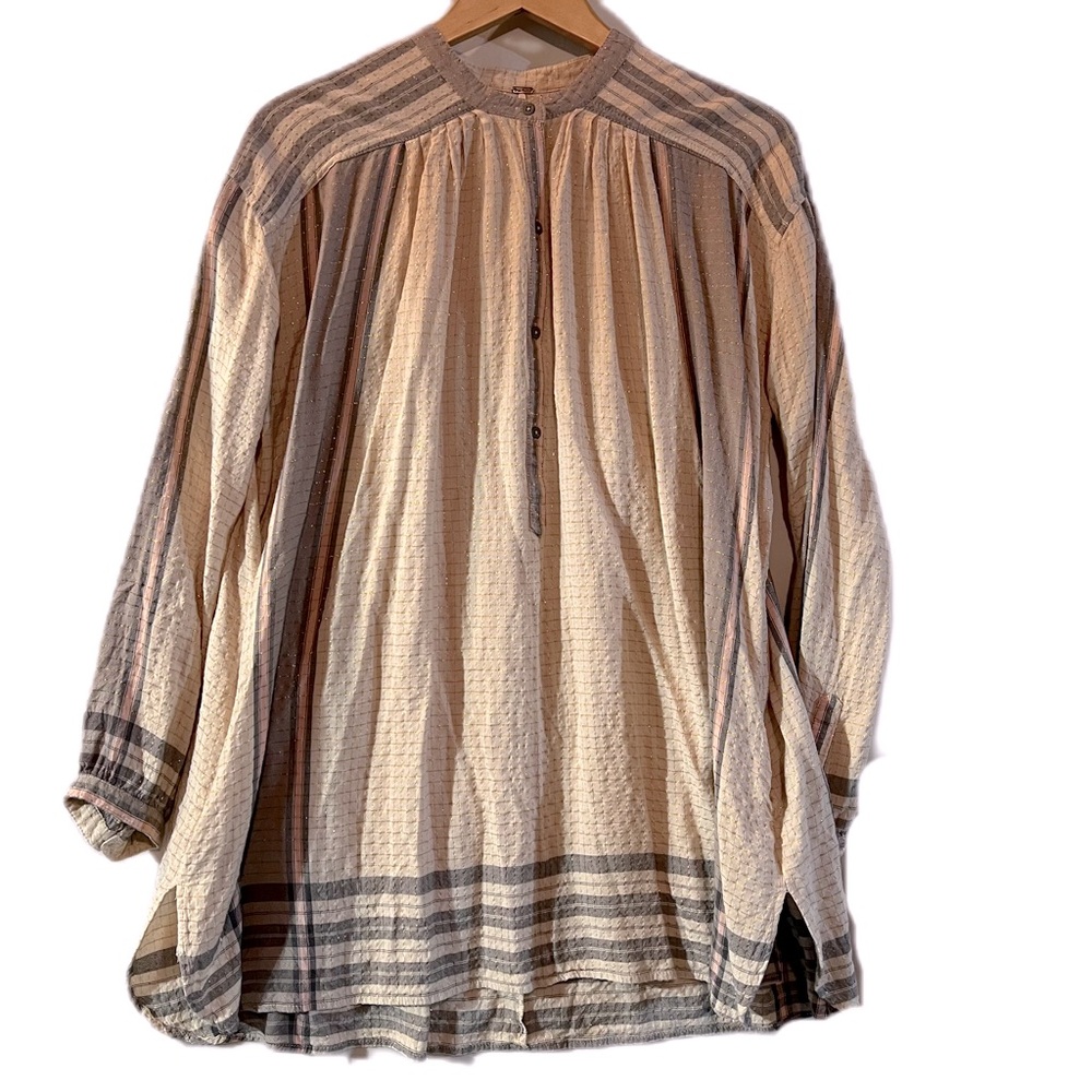 FREE PEOPLE Cream & Gray Metallic Grid Tunic Shirt with Pockets Size Large, #487